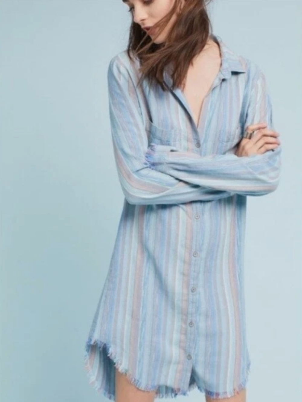 Anthropologie Cloth & Stone Striped Button Down Shirt Dress Linen Blend Size XS